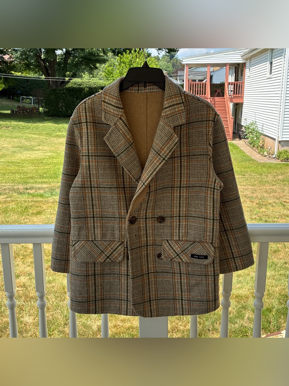 Womens Plaid Wool Blend Double Breasted Coat Small Brown Tan Jacket